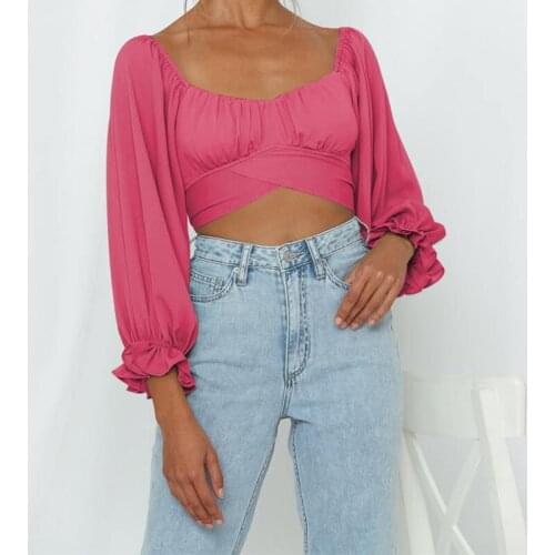 Sexy Square Collar Lantern Sleeve Women Cropped T-shirt Spring Summer Backless Bandage Bow Corp Top Fashion Casual Pullover