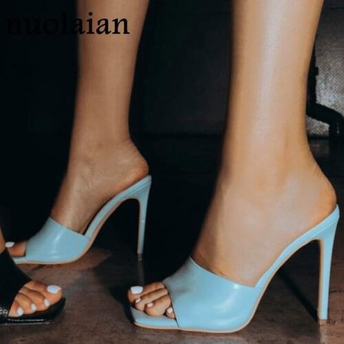 2020 Summer Women Pumps Leather Square Toe Sandal Ladies Heel Mules Thin High Heels Sandals Slippers Female Fashion Woman Shoes