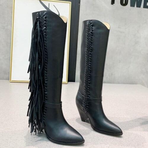2021 Newest Hot Winter Shoes Woman Genuine Leather Knee High Boots Woman Fringe Decora Boots Woman Pointed-Toes High Heels Boots