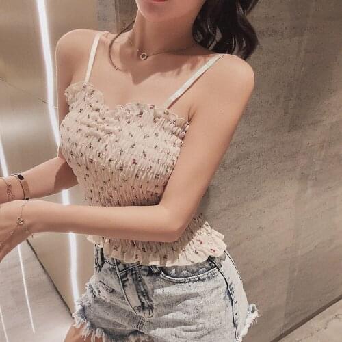 Women Crop Tops Sexy Crop Tops Floral Pleated Flounce Camis Tops Women Cute Tops Straps French Crop Tops For Women 2021 Summer
