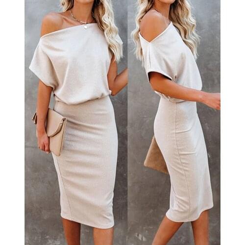 2021 Spring Summer Women Office Wear Elegant Cold Shoulder Plain Short Sleeve Slim Waist Bodycon Midi Pencil Dresses Sexy Robes