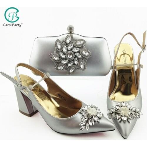 2021 African Lastest Italian Design Crystal and Appliques Decoration Style Silver Color Ladies Shoes and Bag Set for Party