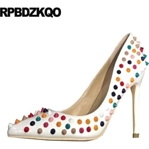 2019 spring fashion women pumps rivet spike stud big size high heels ladies 10 42 evening shoes 8cm scarpin pointed toe white