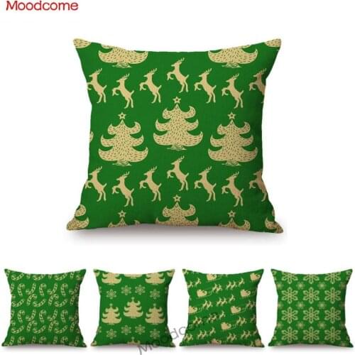 Vintage Green Christmas Pattern Snowflake Reindeer Sofa Decorative Cotton Linen Throw Pillow Case X-mas Pattern Cushion Cover