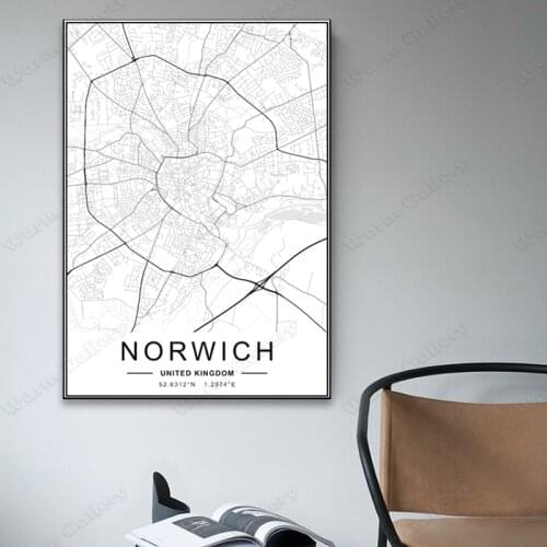 Black and White City Map The Norwich City Map Poster HD Print Wall Art Canvas Nordic Landscape Painting For Home Decor