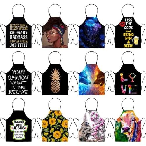 Personality Printed Kitchen Aprons for Women Linen Home Cooking Baking Waist Bib Pinafore Cleaning Tools Women Man Kid Apron