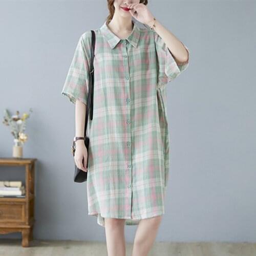 Korea Style Cardigan Cotton Plaid Sweet Girls Loose Chic Blouse Dress Women Casual Summer Dress Street Fashion Shirts Dress