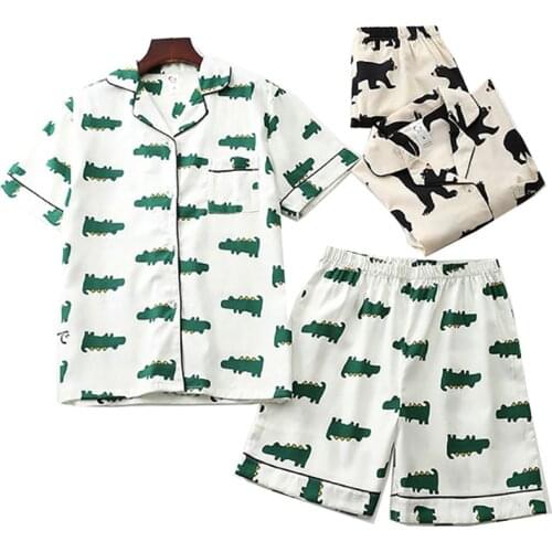 Summer Women Short Sleeve 2Pcs Simple Style Household Pajamas Set Cute Cartoon Bear Printed Turn Doown Collar Ladies Sleepwear