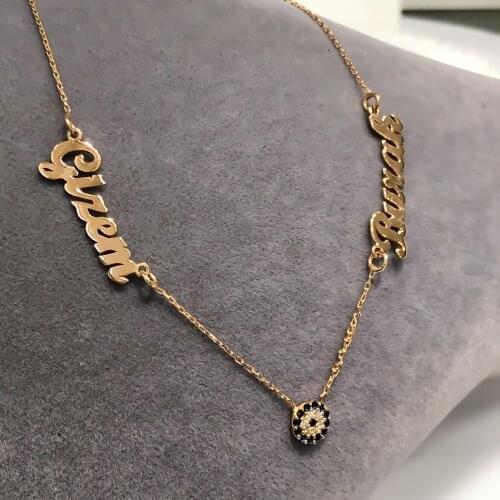 Tiny Evil Eye Two Name Valentine Gift Silver Necklace