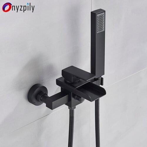Onyzpily Matte Black Wall Mount Tub Faucet Waterfall Single Handle Tap Hand Shower Hot&Cold Water Mixer Bathroom Faucet Toneria