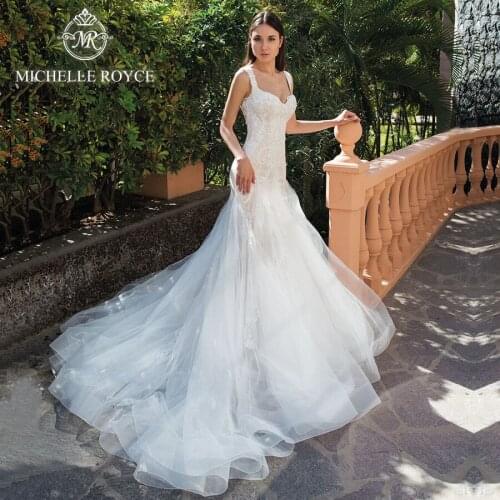 Michelle Royce Mermaid Wedding Dresses 2020 Sweetheart Spaghetti Straps Cut-out Button Chapel Train Bride Gowns Vestido De Novia
