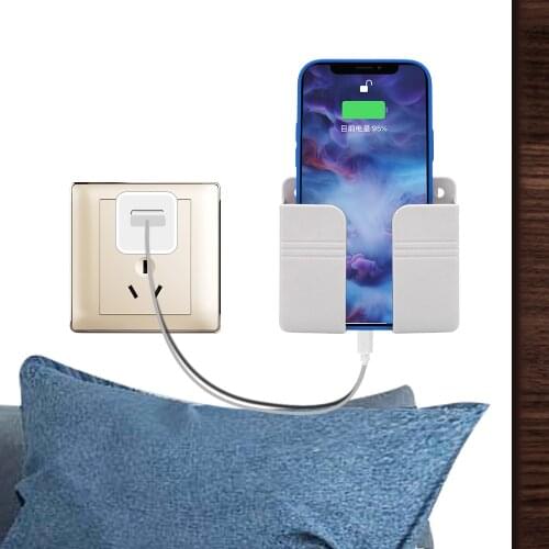 Multifunction Phone Charging Hanging Holder Mounted Storage Box Wall Mounted Plug Bracket for Mobile Phone TV Remote Punch-free