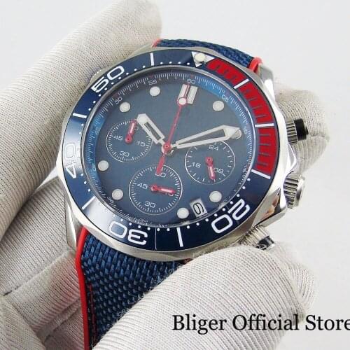 Quartz Men Watch BLIGER Brand Top Sapphire Glass Nologo Dial Chronograph Function Rubber Strap