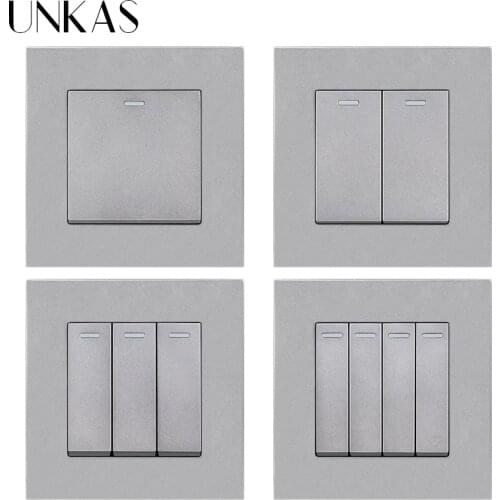 UNKAS Simple Style PC Plastic Panel 1 2 3 4 Gang 1 / 2 Way Wall Light Push Button Gray Light Switch 10A / 16A