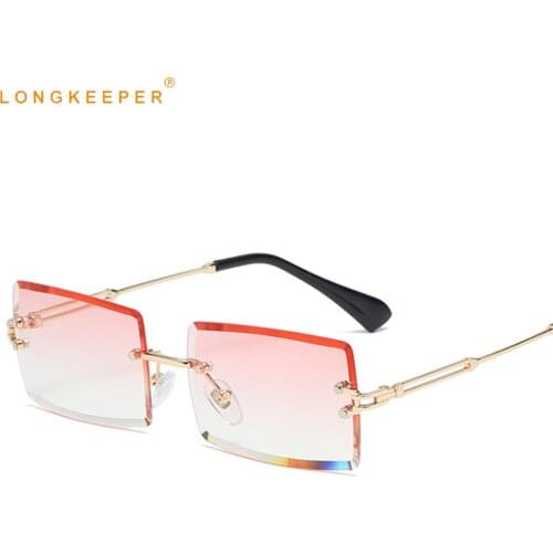 Trendy Rimless Rectangle Sunglasses Women Luxury Brand Retro Small Square Sun Glasses Retro Ocean Lens Eyeware For Female UV400