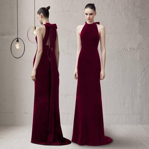 Velvet Sexy Mermaid Evening Dress Halter Neck Bow Backless Sleeveless Red Wine Christmas Ceremony Wedding Prom Gown Elegant 2021