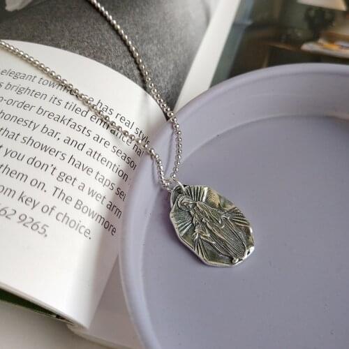925 Sterling Silver Vintage Handmade Jewelry Antique Silver Ball Chain Irregular Medal Virgin Mary Maria Necklace For Women