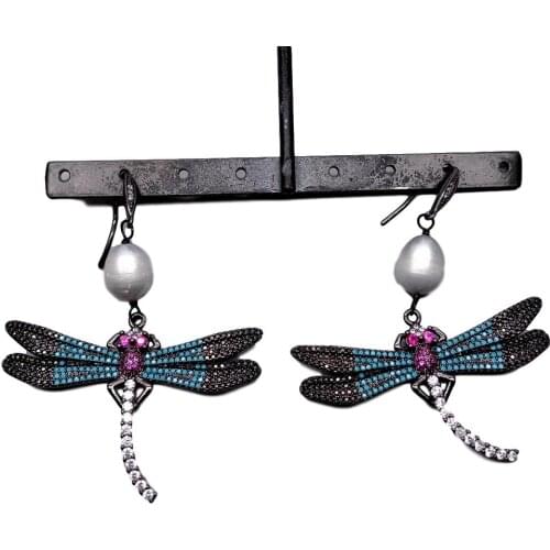 Y·YING natural Gray Rice freshwater Pearl gunmetal plated Cubic Zirconia Pave Dragonfly dangle Hook Earrings animal