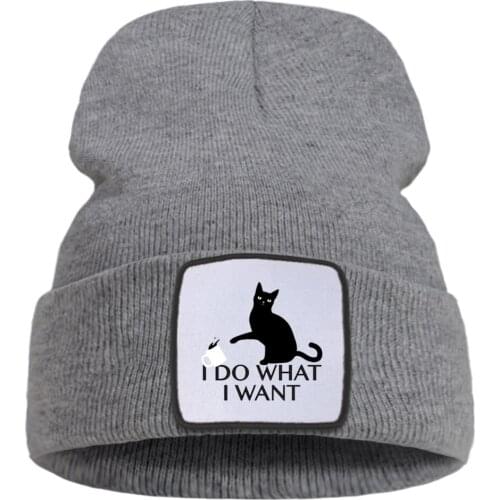 I Do What I Want Black Cat Printing Unisex Cap Cartoon Warm Winter Caps Solid Color Simple Knitted Caps Creative Quality Cap