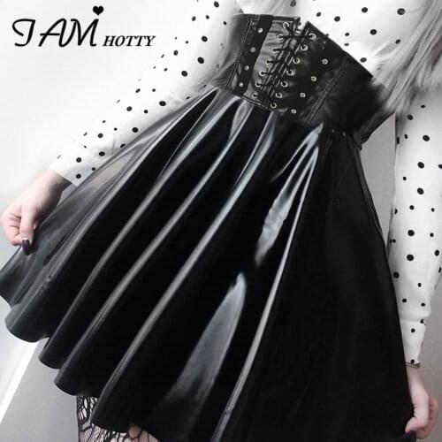 Gothic Pleated Lace-up Corset Mini Skirt Women Retro Dark Academia Bustier Wrap High Waist Leather Skirts Ladies 2021 Iamhotty