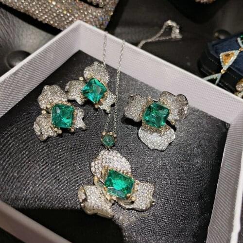 Womens Accessories Solid 925 Silver Jewelry Sets Temperament Flower CZ Jewelry Ring Earring Necklace Pendant Party Jewelry