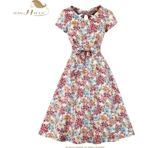 SISHION Cotton Floral Dress for Women 2021 VD2057 Short Sleeve Robe Femme Backless Sexy Vintage Summer Dresses Vestidos