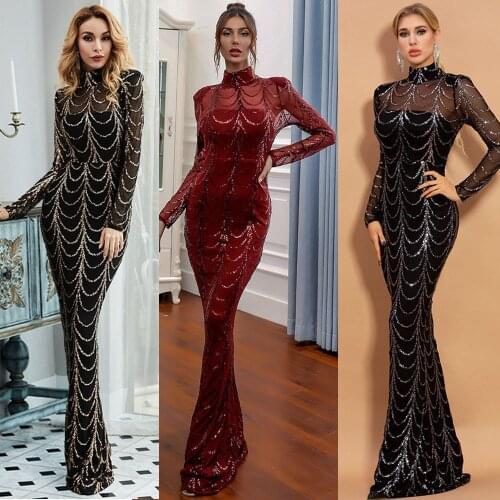 Full-sleeve Tulle Sequins Formal Evening Women Dress Floor-length Mermaid High-neck Party Gowns Elegant Black Gold Vestidos Robe