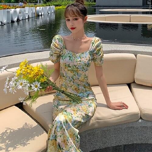 Vintage Floral Print Women Bodycon Dress Bohemian Tropical Vacation Dress Runway 2021 Summer Long Retro Slim Elegant Party Dress
