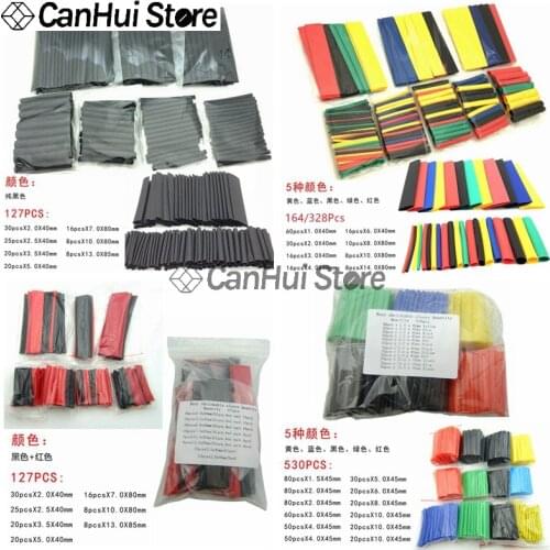 127/164/328/530pcs/pack Set Polyolefin Shrinking Assorted Heat Shrink Tube Wire Cable Insulated Sleeving Tubing Set Black Colour