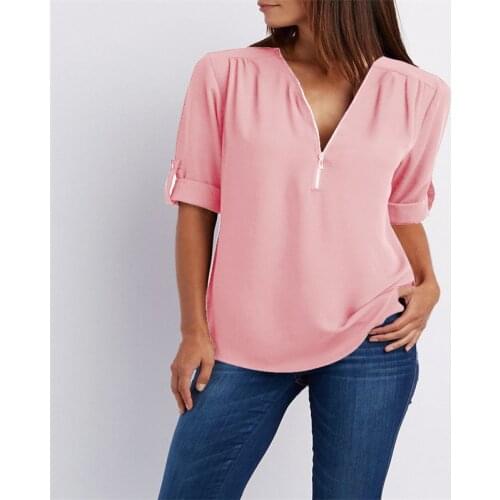 2022 European and American Hot Style V-neck Zipper Plus Size Womens Long-sleeved Sleeves Loose Chiffon Shirt