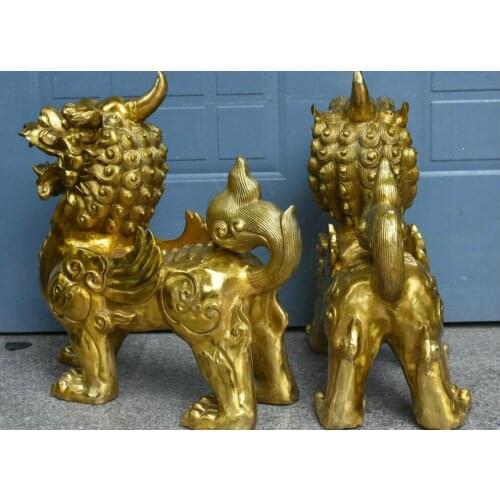 23" China Brass Fengshui Animal Pixiu Brave troops Unicorn Beast God Statue Pair