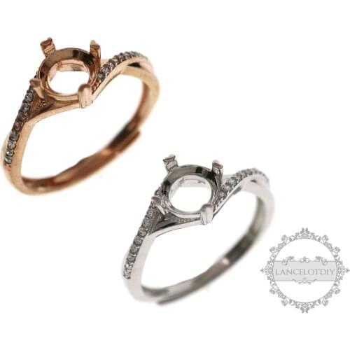 5-9MM round rose gold silver CZ stone prong setting solid 925 sterling silver bezel tray DIY adjustable ring settings 1214016
