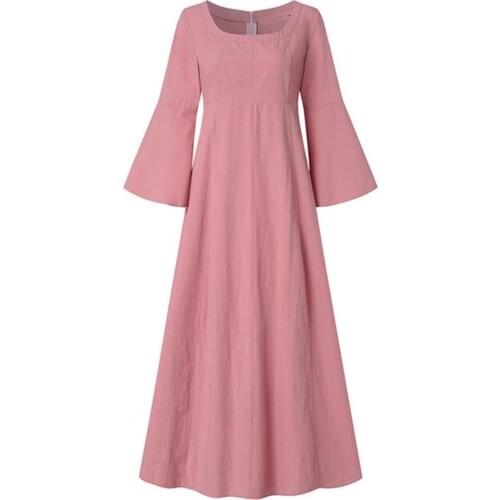 50% HOT SALES!!!Retro Women O Neck Long Sleeve Solid Color Large Hem Cotton Linen Maxi Dress