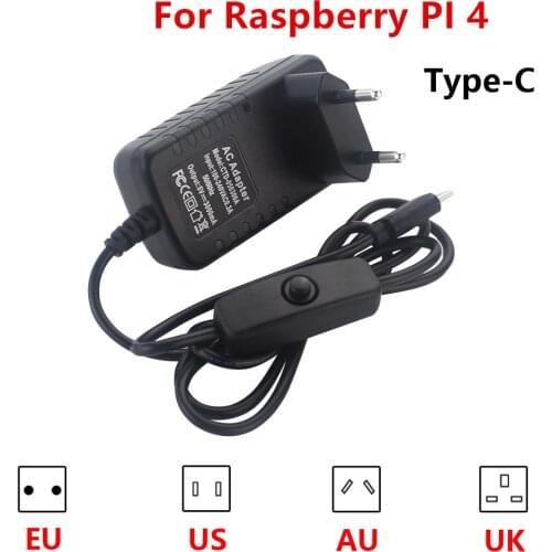 Raspberry Pi 4 Model B 5V/3A Power Adapter USB Type-C Charger Power Supply Power Source Unit Switching Socket For Raspberry Pi 3
