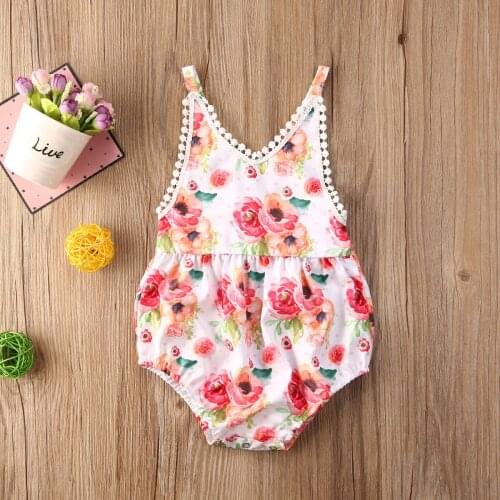 Newborn Baby Girls Bodysuit V-Neck Rose Sleeveless Exposed Back Jumpsuits Summer Clothing One-piece