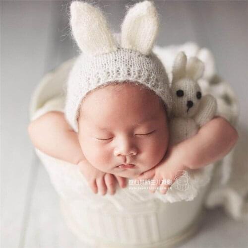 Newborn Bunny Bonnet Toy Set For Photography Shoot Newborn Props Teddy Bunny Stuffed Animal Baby Girl Hat Photo Props