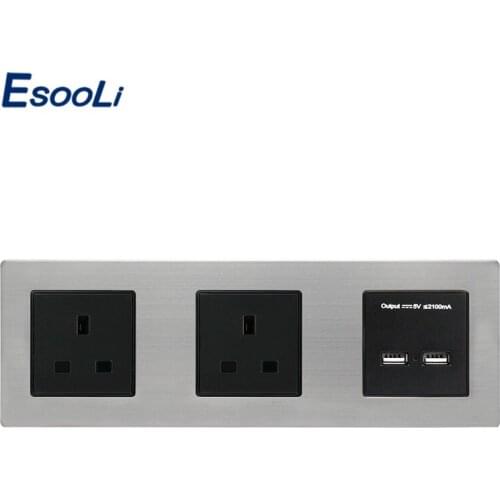 Esooli UK Standard Double Power Socket Grounded Electrical Outlet With Dual USB Smart Charging Port 5V 2A Output