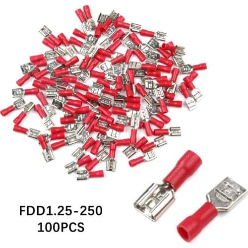 FDD1.25-250 Female Insulated Electrical Crimp Terminal 100Pcs for 0.5-1.5 mm2 Connectors Cable Wire Connector 22-16 AWG Kit