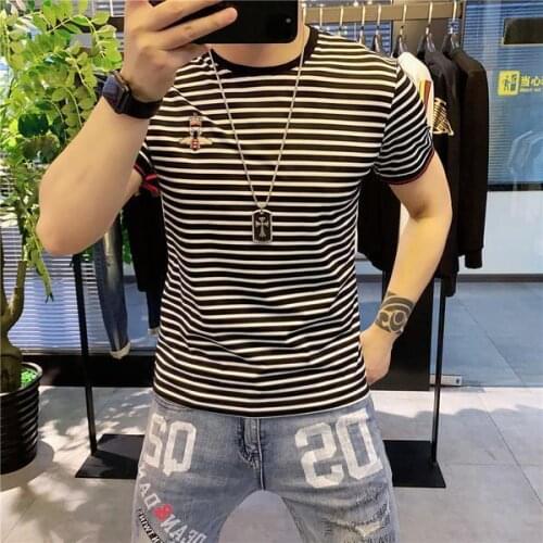 2021 summer embroidered striped short sleeve T-shirt tide brand trend slim mens round neck half sleeve