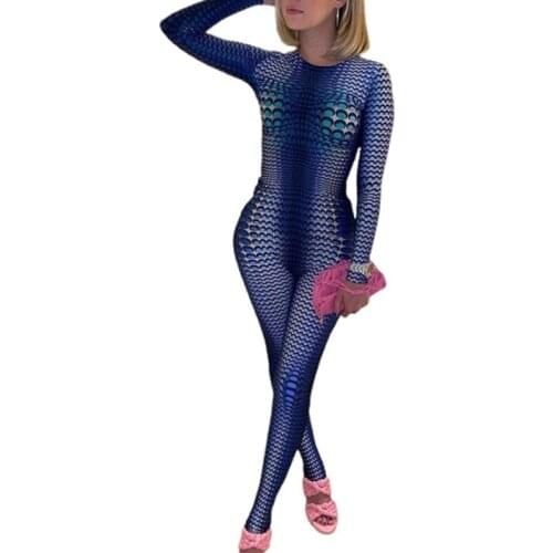 Women Sexy Long Sleeve Rompers Gradient Dot Fish Scales 3D Print Bodycon Jumpsuit Crew Neck Zipper Back Workout Clubwear 13MD