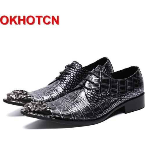 Silver Alligator Skin Men Business Shoes Metal Pointed Toe Sapato Social Masculino Lace Up Genuine Leather Italian Men Oxfords