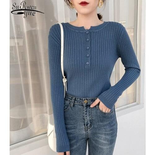 2021 Autumn New Round Neck Thin Chic Sweater Women Sweet Solid Color Long Sleeve Knitted Bottoming Shirt Pullover Women 10973