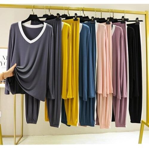 Obrix Casual Style Streetwear Female Set V-Neck Full Sleeve Light Pullover Elastic Waist Ankle Length Pants Outfit For Women