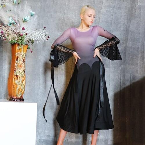 Modern Dance Dress Womens Trumpet Sleeve Gradient Dress National Standard Ballroom Dance Big Swing Fish Bone Skirt