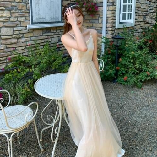 Sexy Backless Spaghetti Strap Apricot Dress Solid Female Dresses Vestidos 2021 Women Fairy Mesh Beach Holiday Summer Party Dress