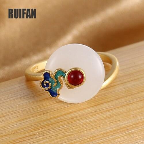 Ruifan Retro Round White Natural Jade 925 Sterling Silver Rings for Women Vintage Gold Color Open Stone Ring Fine Jewelry YRI175