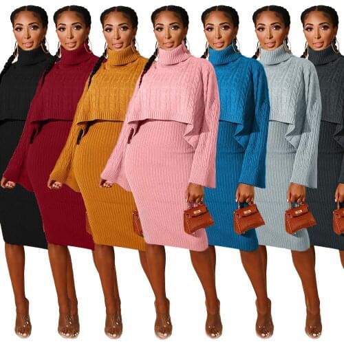 Sexy TWO PIECE SET Mini Skirt Outfits Crop Top Flare Sleeve Sweater Dress Women Jumper Suit Rib Winter Orange Blazer Knitted PCS