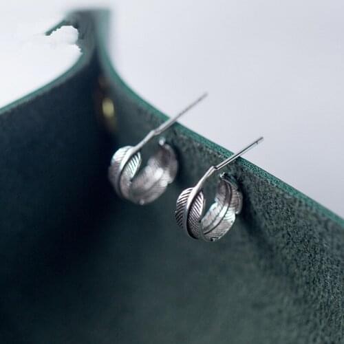 1Pair 12mm Retro Authentic Real 100% 925 Sterling Silver fine Jewelry Bird Feather /Angle Wings Leaf Stud Earrings gtle2464