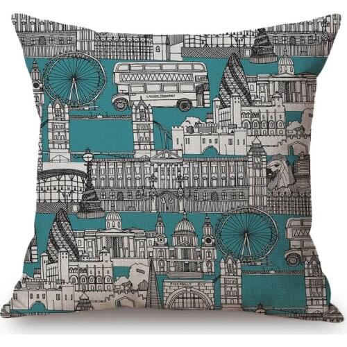 Blue Pink Yellow Toile de Jouy City Design Pattern Home Decorative Sofa Throw Pillow Case cotton Linen Car Chair Cushion Cover