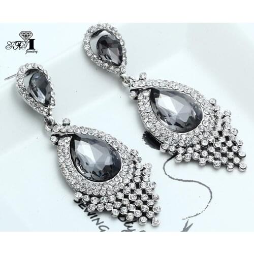 YaYi Jewelry Fashion BOHO Gray Glass Crystal Rhinestone Dangle Women Ancient Gold Color Wear Ear Band Long Tassel Earrings